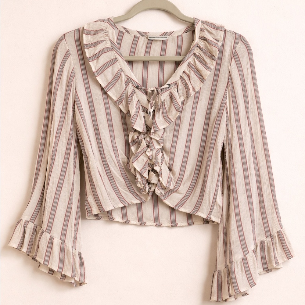 American Eagle Striped Ruffle Tie Front Blouse Size S